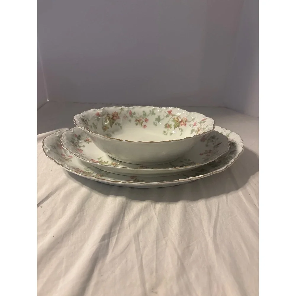Hutschenreuther Selb Bavaria US Zone Porcelain Floral Serving Set 3pc Gold Trim
